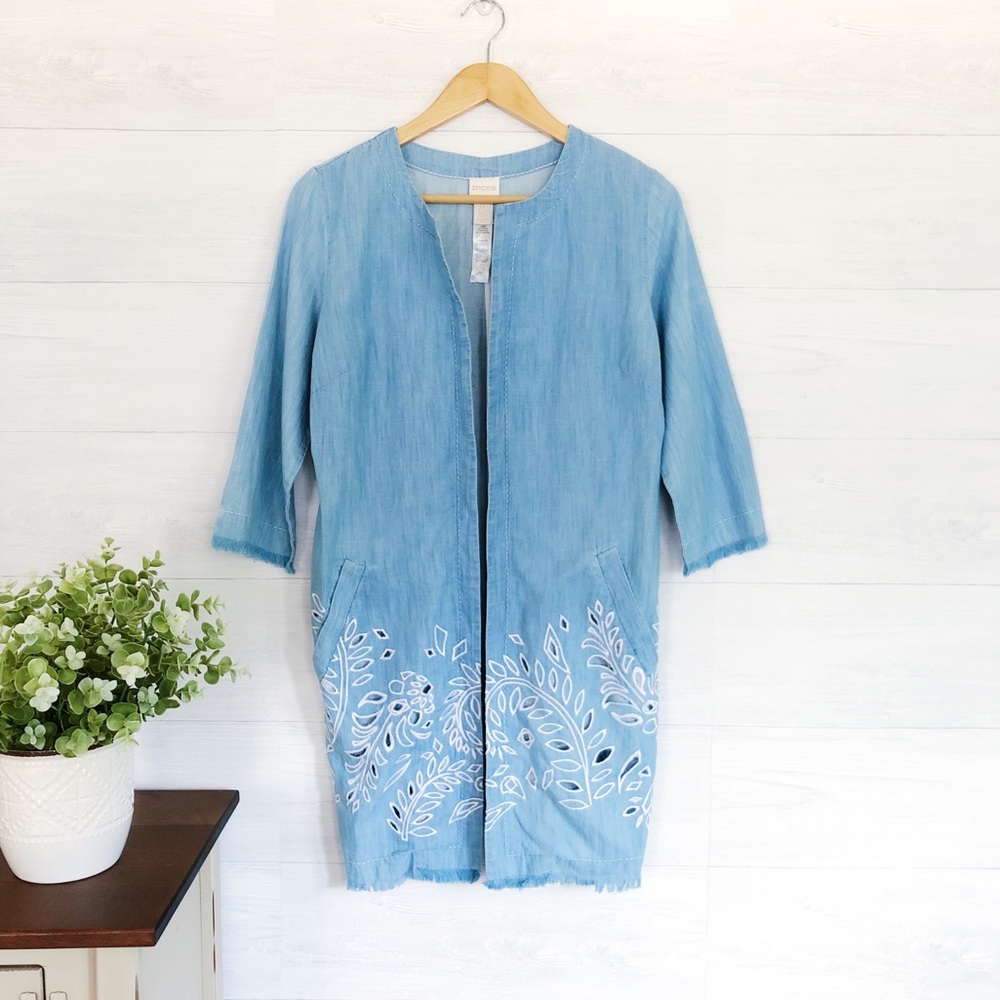 Chico’s Blue White Embroidered Open Cardigan 408